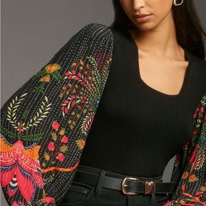 Anthropologie Bl-nk Printed-Sleeve Sweater Top, XXS